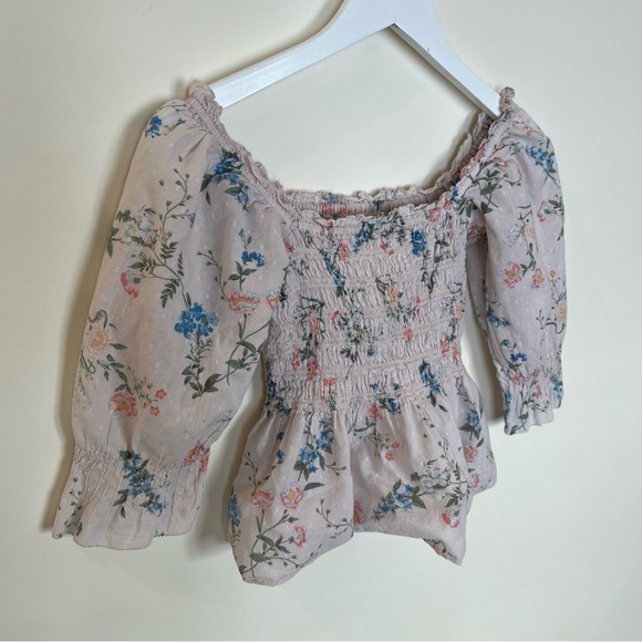 Saylor Clover Floral Smocked Peplum Top Pink 3/4 Puff Sleeves Ruffle Size Small - Picture 4 of 7